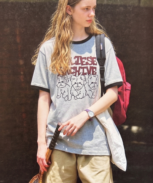 Maltese Archive Line Graphic Ringer Half Sleeve T-shirt GREY