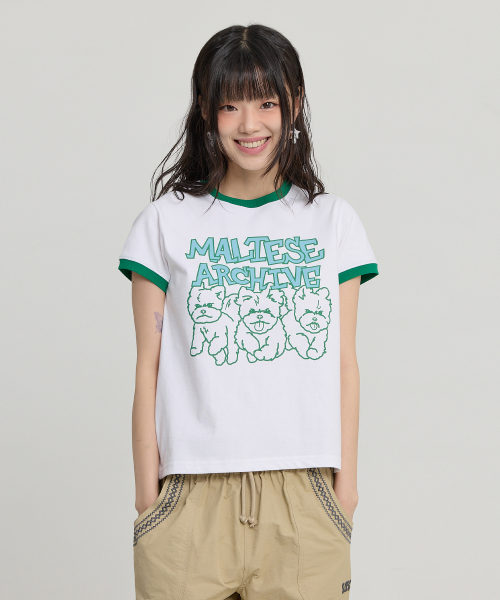 Maltese Archive Line Graphic Ringer Half Sleeve T-shirt WHITE