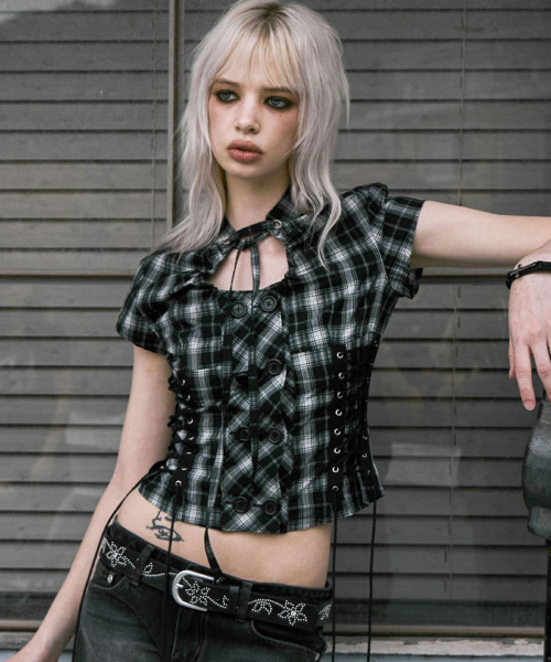 Double Lace Up Blouse (CHECK)