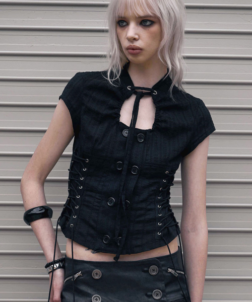 Double Lace Up Blouse (BLACK)