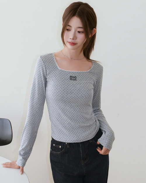 SQUARE NECK DOT LONG SLEEVE [GRAY]