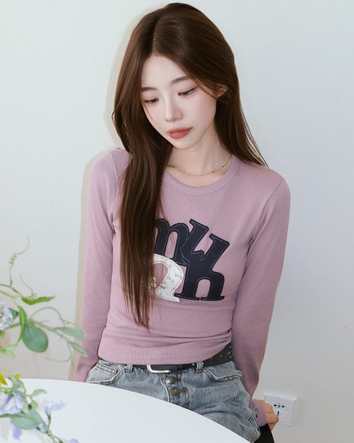 A FLOWER APPLIQUE PATCH LONG SLEEVE [ROSE PINK]