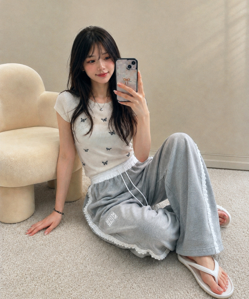 LACE BAND WIDE BANDING PANTS [GRAY]