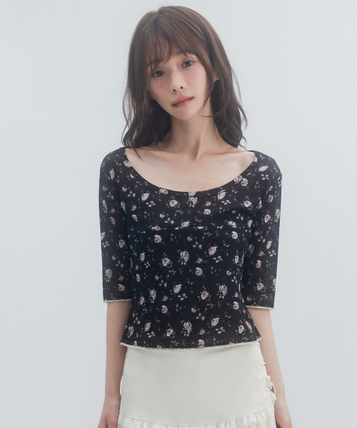 7부 레이스 플라워 티셔츠_블랙