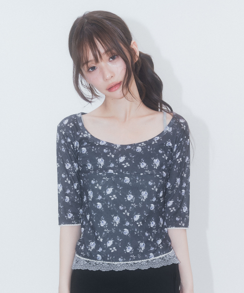 3/4 Sleeve Lace Floral T Shirt_Navy