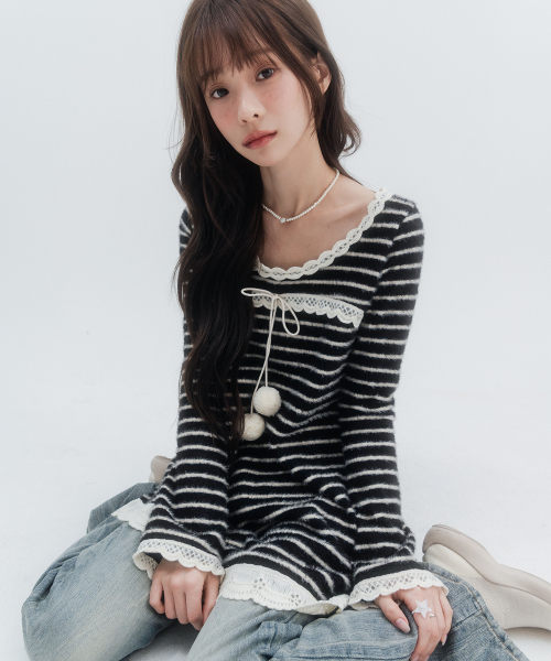 Striped knit pom-pom dress