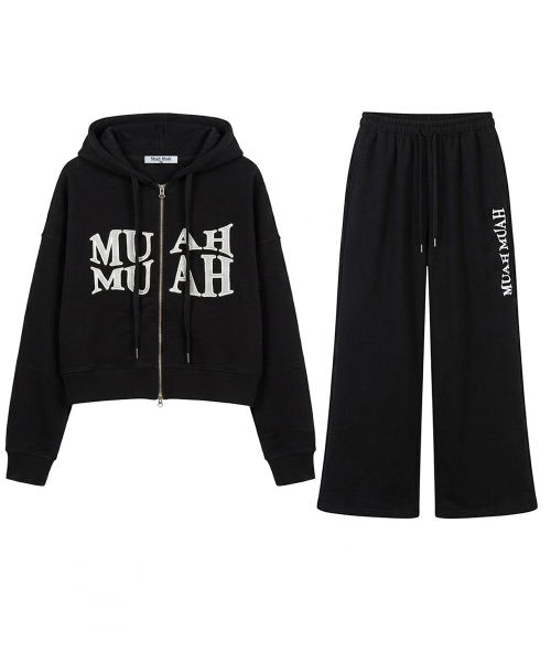 [SET] WAVE STITCH HOOD ZIPUP BANDING PANTS SET UP [BLACK]