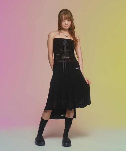 WAVY LACE MIDI SKIRT / BLACK