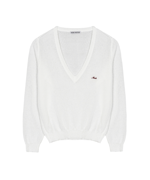 SHEER V-NECK KNIT TOP_IVORY
