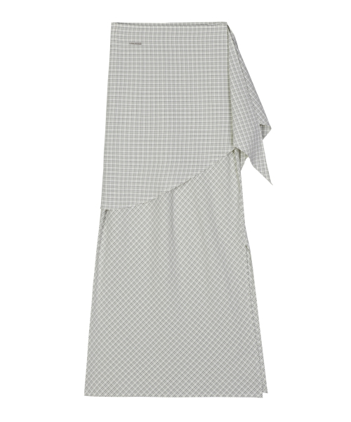 DRAPE WRAP CHECK LONG SKIRT_IVORY