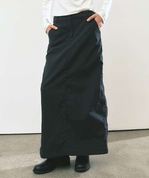 NICOLE SHIRRING LONG SKIRT_BLACK