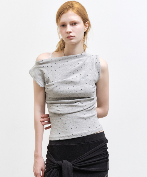 DOT SHIRRING DRAPE SLEEVELESS TOP_GRAY