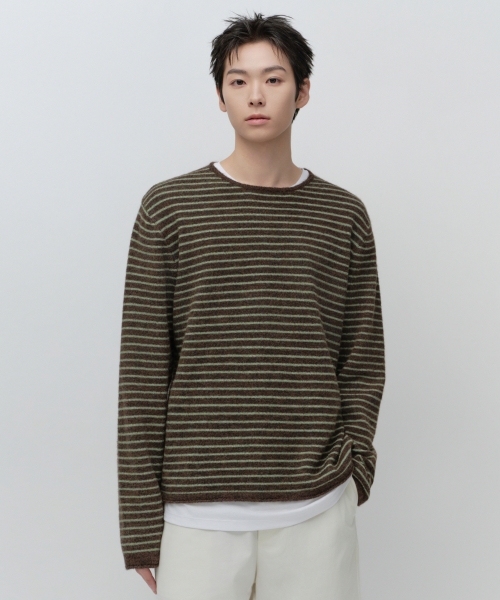 헤어리 스트라이프 크루 넥 니트 [브라운]