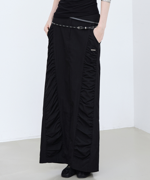 SHIRRING PANEL LONG SKIRT_BLACK