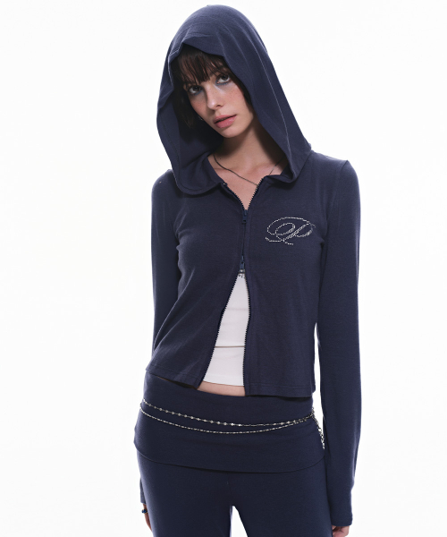 Slim Crystal Glam Hoodie Zip-Up_Navy
