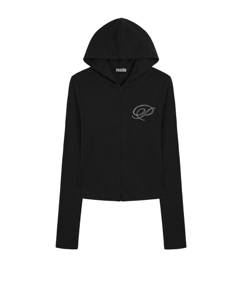 Slim Crystal Glam Hoodie Zip-Up_Black
