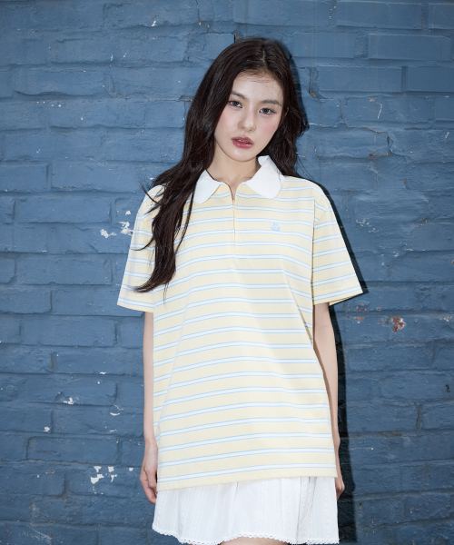 HALF NECK STRIPE LOOSE-FIT COLLAR T-SHIRT [LIGHT YELLOW]
