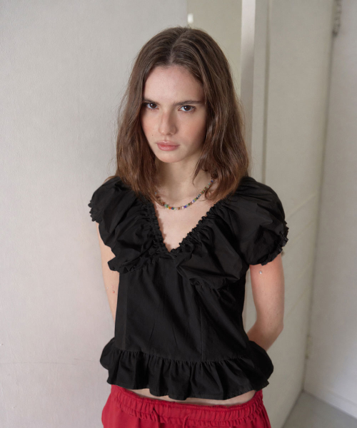 Rielle v-neck shirring blouse - Black