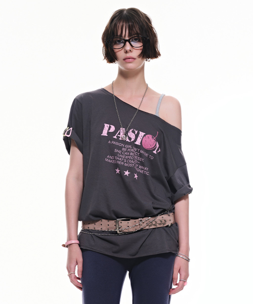 Cherry Pop Off-Shoulder Short Sleeve Tee_Charcoal