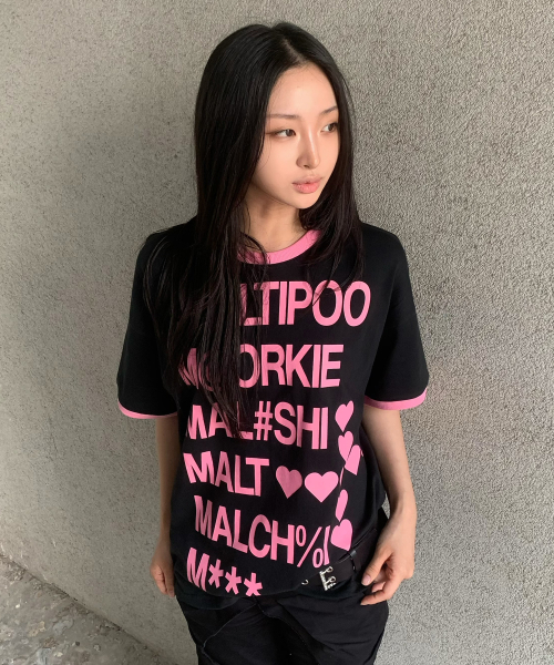 Maltipoo Lettering Color Block Crop Ringer Short Sleeve T-Shirt BLACK