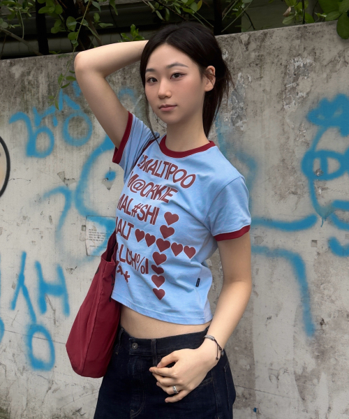 Maltipoo Lettering Color Block Crop Ringer Short Sleeve T-Shirt SORA
