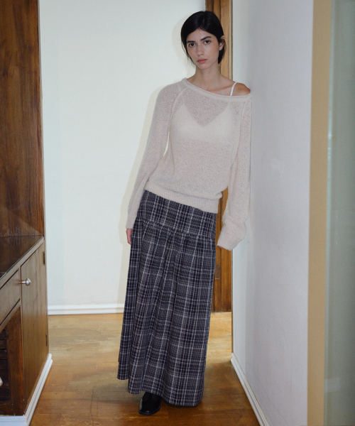 CHECK YOKE LONG SKIRT - NAVY