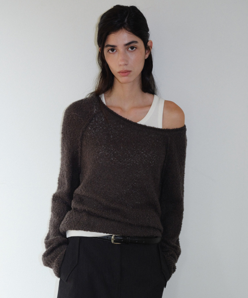 BOUCLE ONE SHOULDER PULLOVER - CHARCOAL