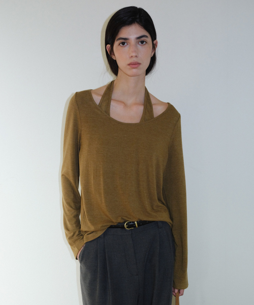HALTERNECK LAYERED T-SHIRT - OLIVE