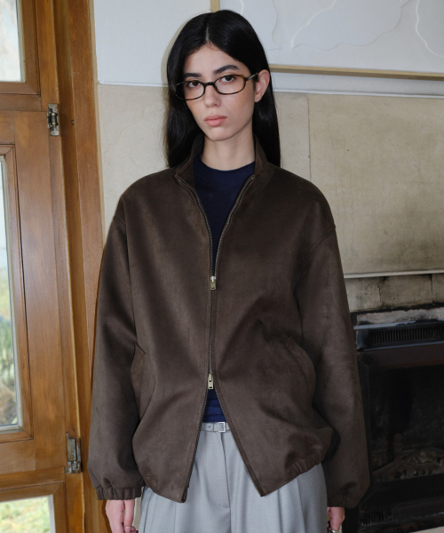 HIGH NECK SUEDE BLOUSON - DARK BROWN