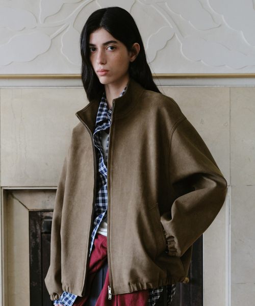 HIGH NECK SUEDE BLOUSON - KHAKI