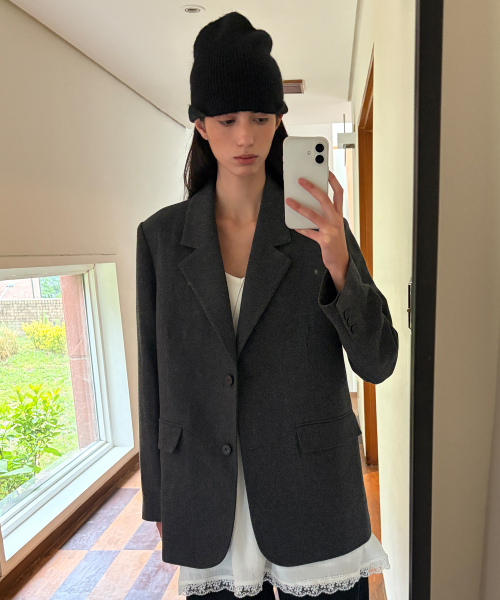 WOOL SINGLE TWO BUTTON JACKET - DARK GREY