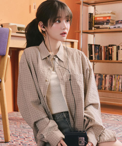 마니또 로고 포인트 체크 셔츠_베이지