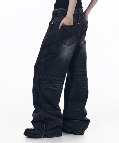 Washed Zipper Slit Denim Pants (Black)