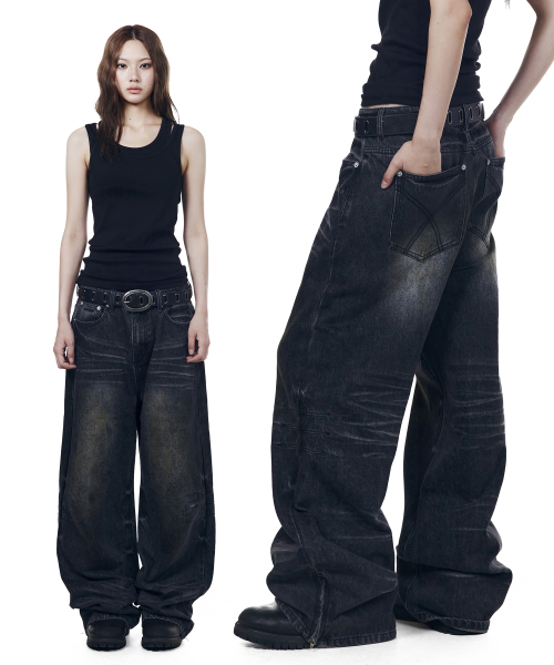 Washed Zipper Slit Denim Pants (Black)