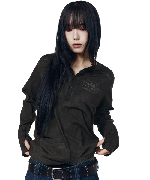 Military Dyed Henry Neck Long Sleeve (Black)