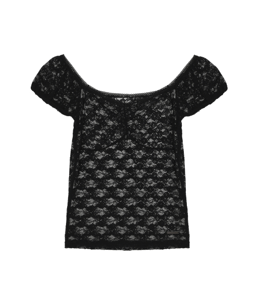 LACE SLEEVE BOAT NECK TOP_BLACK