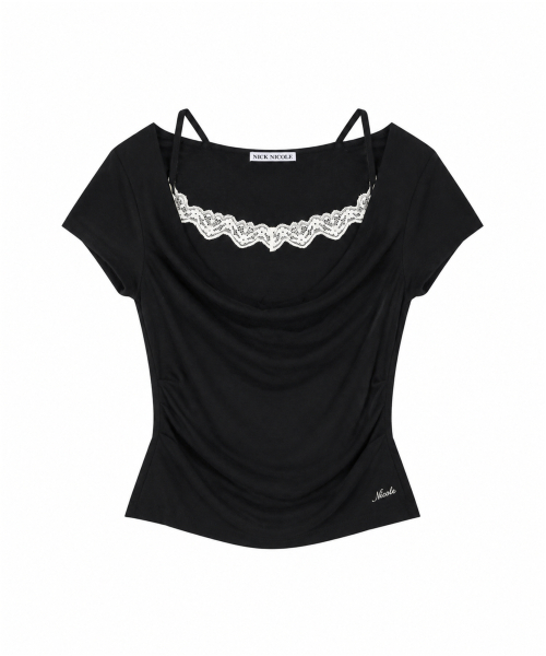 LACE LAYERED COWL TOP_BLACK