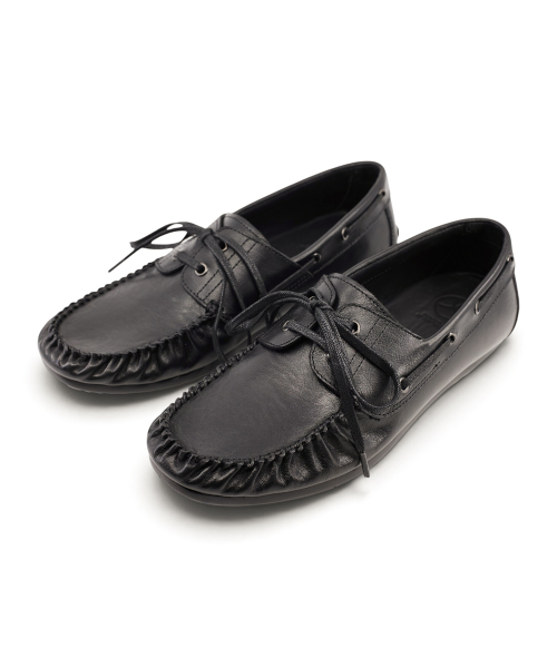 [EXTRALIGHT] ST39 Vegetable Tanned Cowhide Shirring Boat Shoes Black