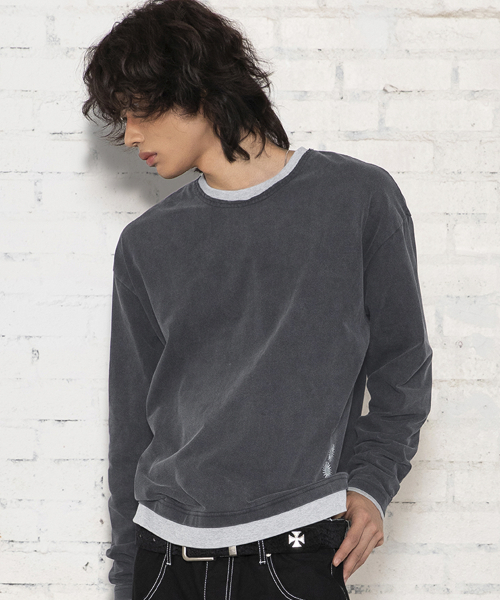 XTT168 더스트 워싱 레이어드 크롭 롱슬리브 (BLACK)