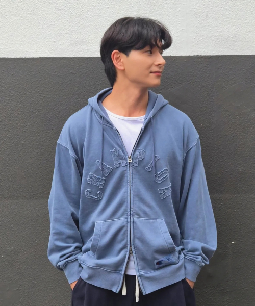 아치 로고 루즈핏 아플리케 다잉 후드 집업 Blue