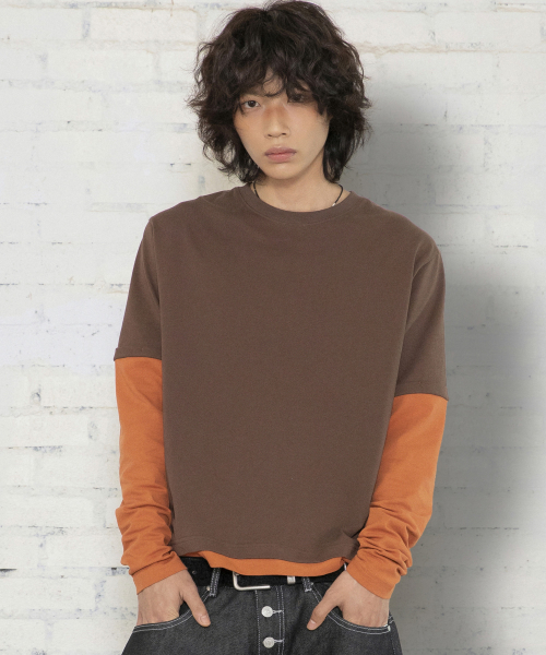 XTT166 롤업 레이어드 크롭 롱슬리브 (BROWN)