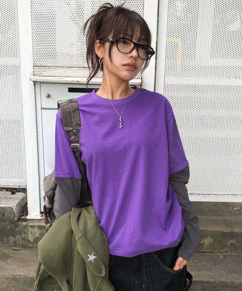 XTT166 롤업 레이어드 크롭 롱슬리브 (PURPLE)