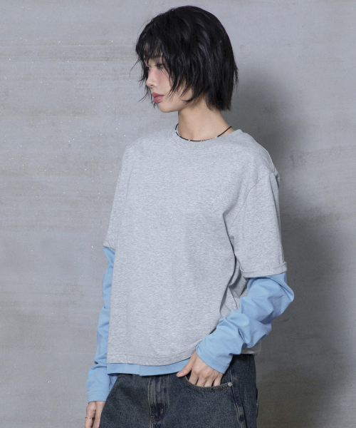 XTT166 롤업 레이어드 크롭 롱슬리브 (GRAY)