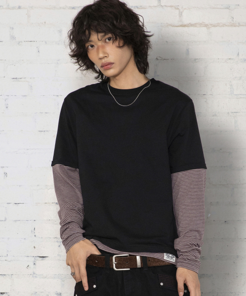 XTT166 롤업 레이어드 크롭 롱슬리브 (STRIPE BLACK)