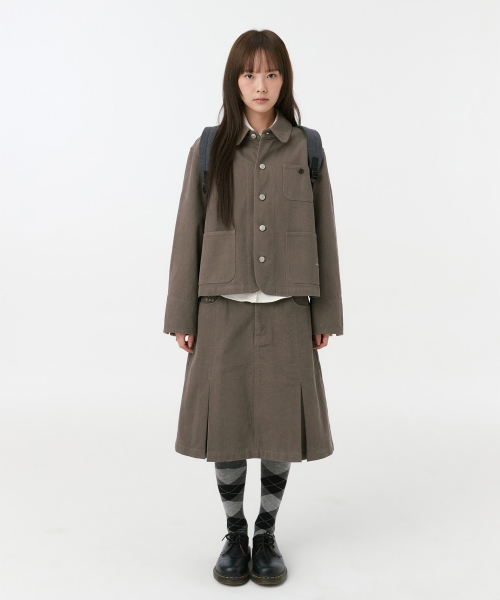 ROUND COLLAR COTTON JACKET, BROWN KHAKI