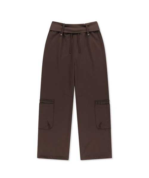 MIXED WAFFLE FOLDOVER WAIST JERSEY PANTS IN BROWN