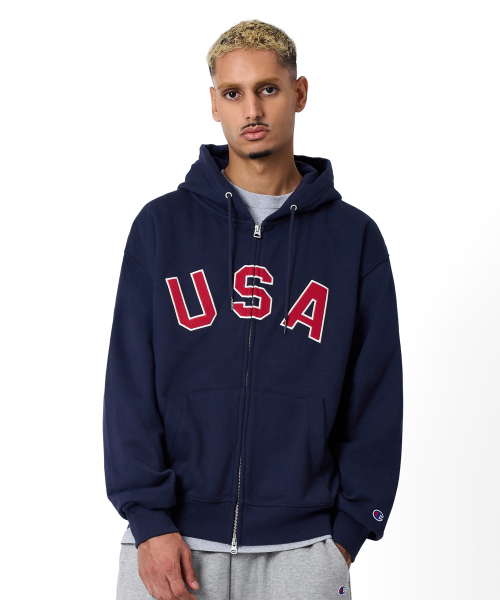 USA 로고 후드 집업 Navy