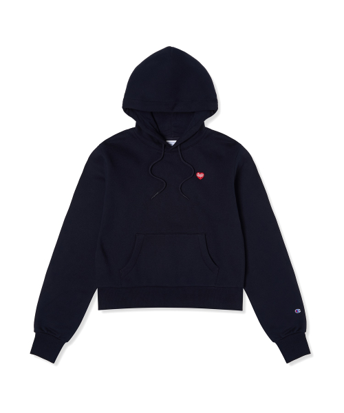 여성 하트 로고 크롭 기모 후드 티셔츠 Navy