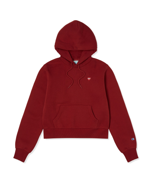 여성 하트 로고 크롭 기모 후드 티셔츠 Red