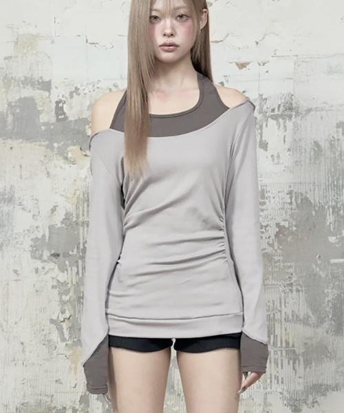 Halter-Neck Hooded Slim-Fit Long Sleeve Top (Moca)